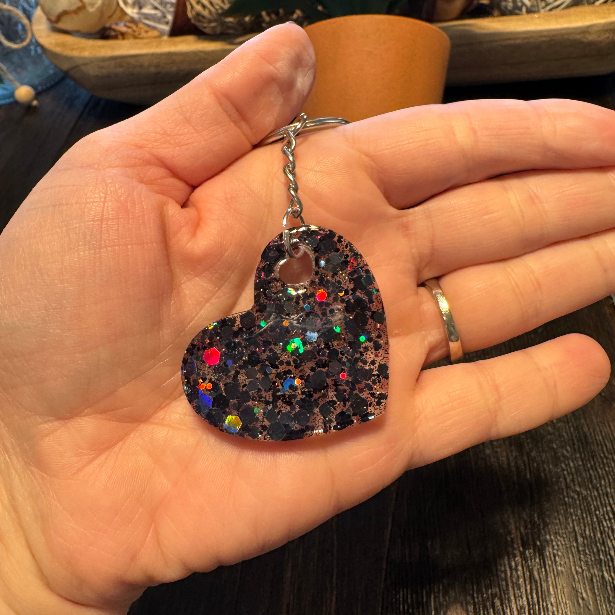 Black Glittery Heart Keychain