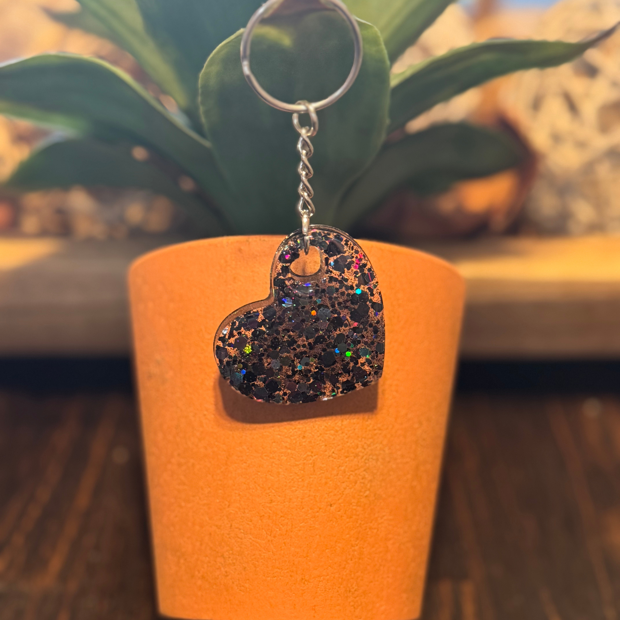 Black Glittery Heart Keychain